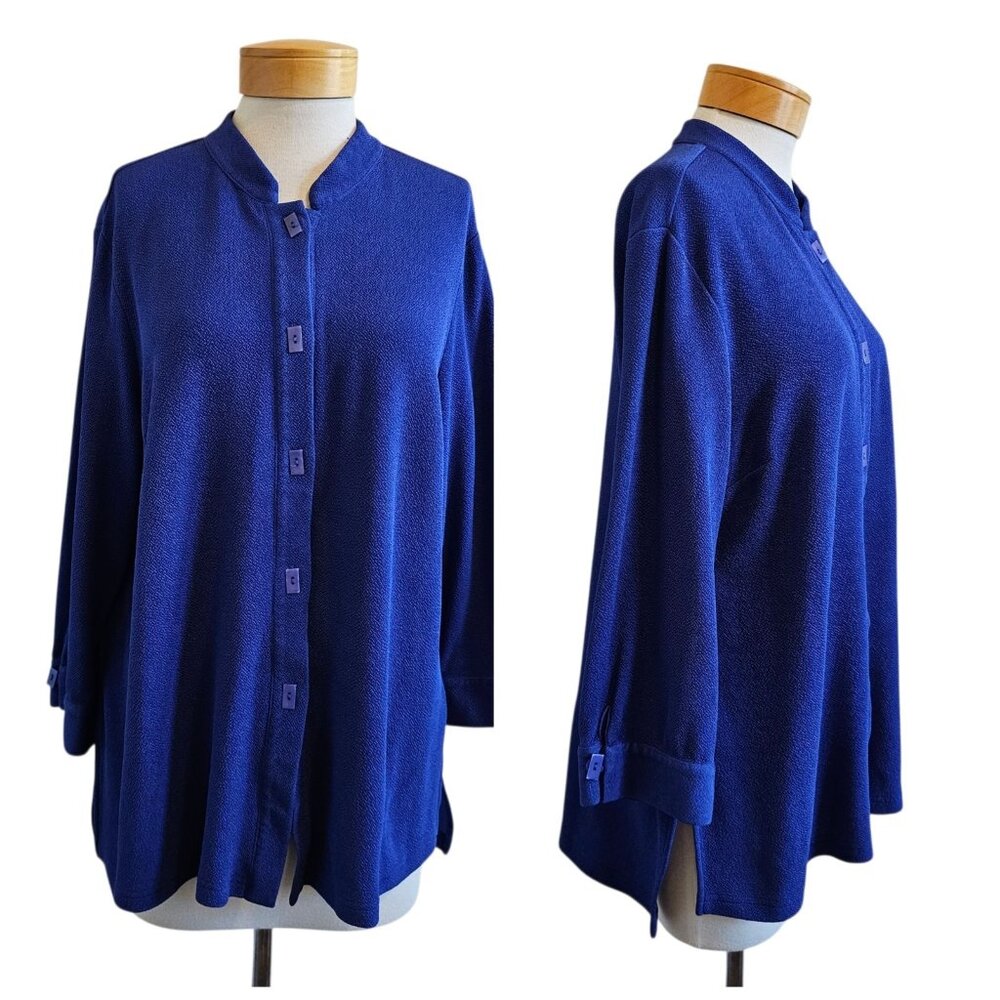 Gump's San Francisco Blue Textured Lagenlook Button Front Artsy Tunic Top XL